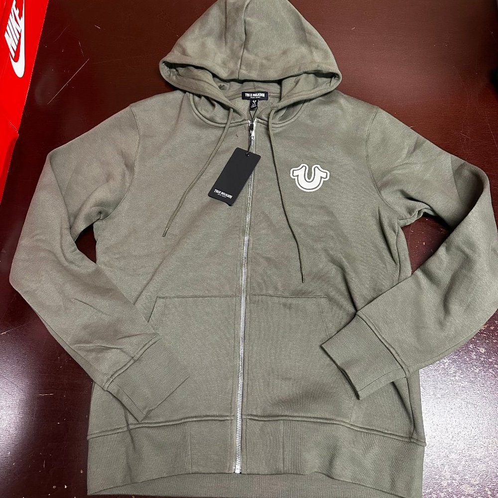 True Religion Mens Green Core Zip Up Long Sleeve Pockets Fleece Hoodie Size L